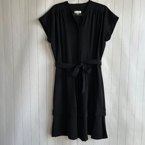 Calvin Klein size 14 midi dress black button front cap sleeve flounce belted